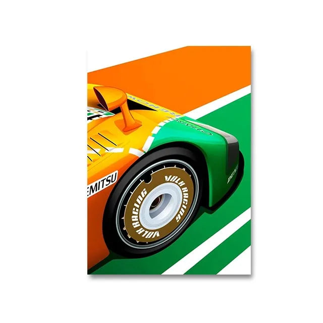 Modern Racing Car Wall Art Print - Aesthetic Cartoon Poster for Boys Room Living Room Racer Decor - Canvas Print Racer Decor