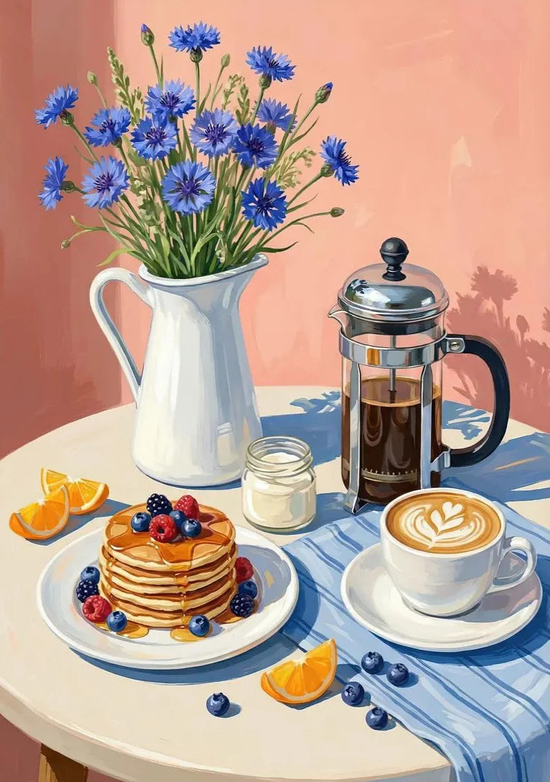 Kitchen Still Life Floral Coffee Pastry  Wine and Seafood Duck Poster Breakfast Table Canvas Painting for Living Room Home Decor
