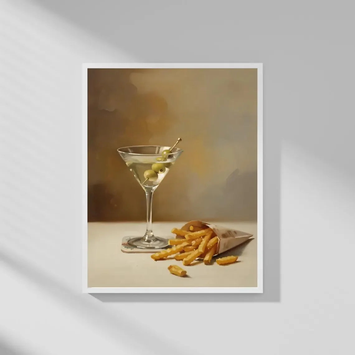 Martini and French Fries Kitchen Art – Whimsical Food and Drink Print – Oil Painting Wall Art – Retro Bar Decor – Framed or Canv