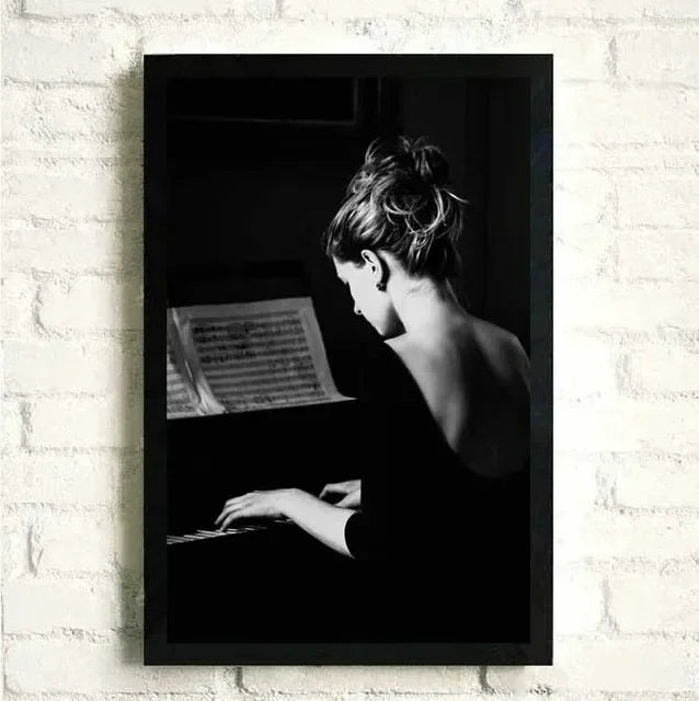 Flowers Music Posters and Prints Canvas Painting Black and White Piano with Wall Art Women Pictures for Living Room Home Decor