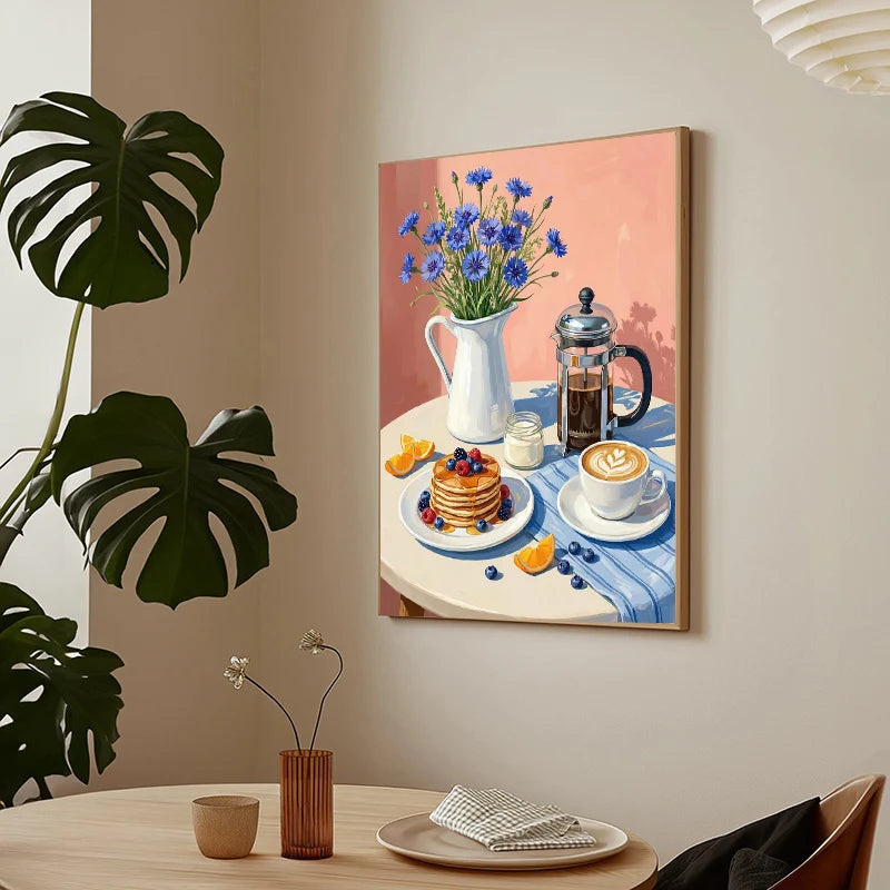 Kitchen Still Life Floral Coffee Pastry  Wine and Seafood Duck Poster Breakfast Table Canvas Painting for Living Room Home Decor