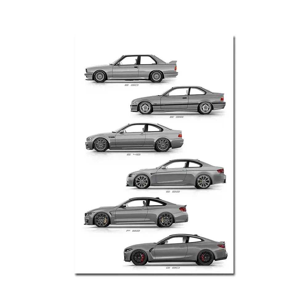 Vintage Car E30 E36 E46 E92 F82 G80 Generation Wall Art Poster Print Canvsa Painting Bedroom Home Decoration Gift for Car Lover