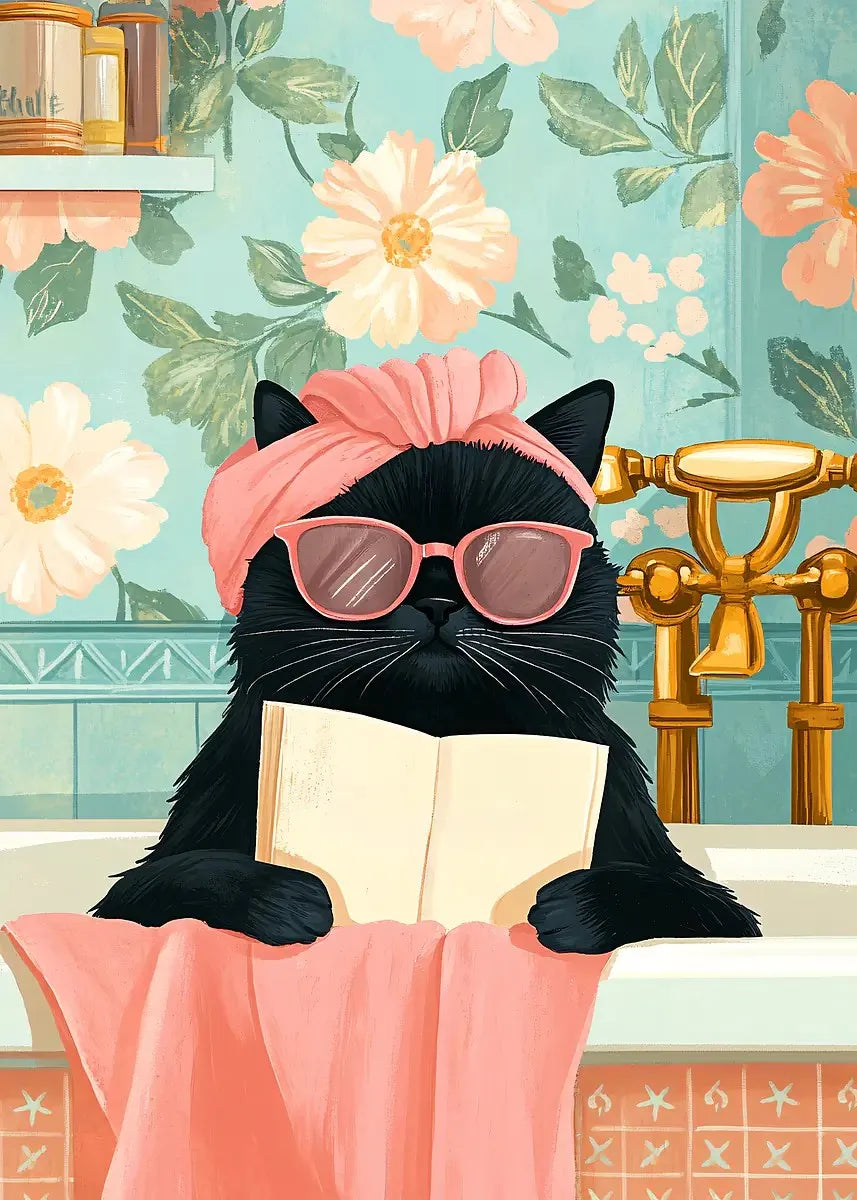 Cat with Martini in Bathtub Black Cat Reading on Toilet Dog Spa Canvas Painting Print Wall Art Picture Bathroom Home Decor
