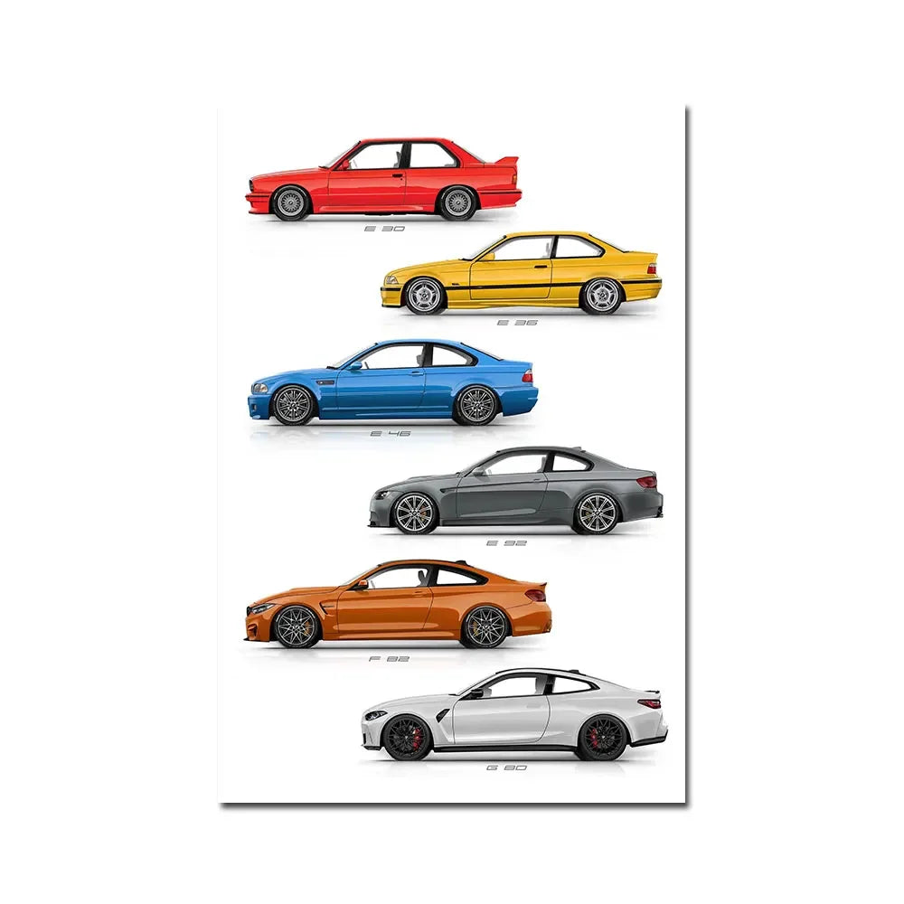 Vintage Car E30 E36 E46 E92 F82 G80 Generation Wall Art Poster Print Canvsa Painting Bedroom Home Decoration Gift for Car Lover