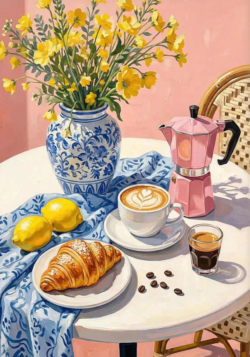 Kitchen Still Life Floral Coffee Pastry  Wine and Seafood Duck Poster Breakfast Table Canvas Painting for Living Room Home Decor
