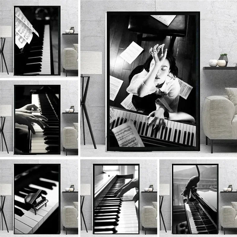 Flowers Music Posters and Prints Canvas Painting Black and White Piano with Wall Art Women Pictures for Living Room Home Decor