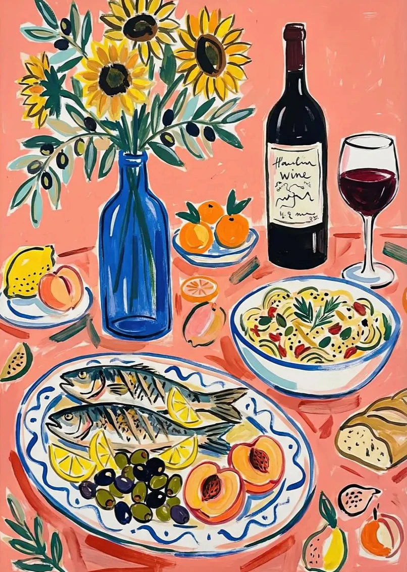 Kitchen Still Life Floral Coffee Pastry  Wine and Seafood Duck Poster Breakfast Table Canvas Painting for Living Room Home Decor