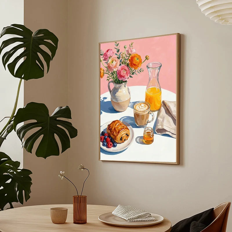 Kitchen Still Life Floral Coffee Pastry  Wine and Seafood Duck Poster Breakfast Table Canvas Painting for Living Room Home Decor