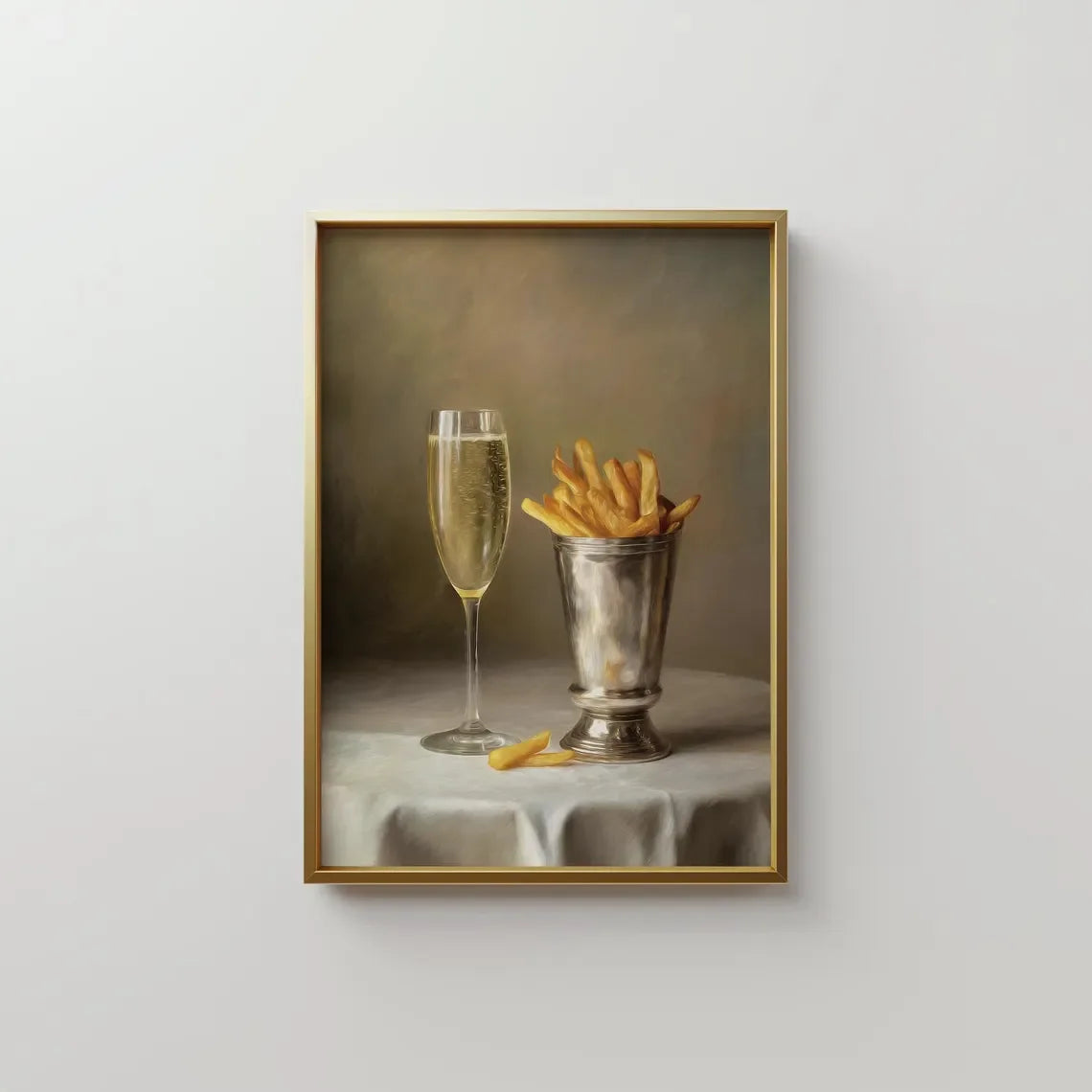 Martini and French Fries Kitchen Art – Whimsical Food and Drink Print – Oil Painting Wall Art – Retro Bar Decor – Framed or Canv