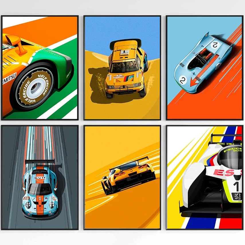 Modern Racing Car Wall Art Print - Aesthetic Cartoon Poster for Boys Room Living Room Racer Decor - Canvas Print Racer Decor