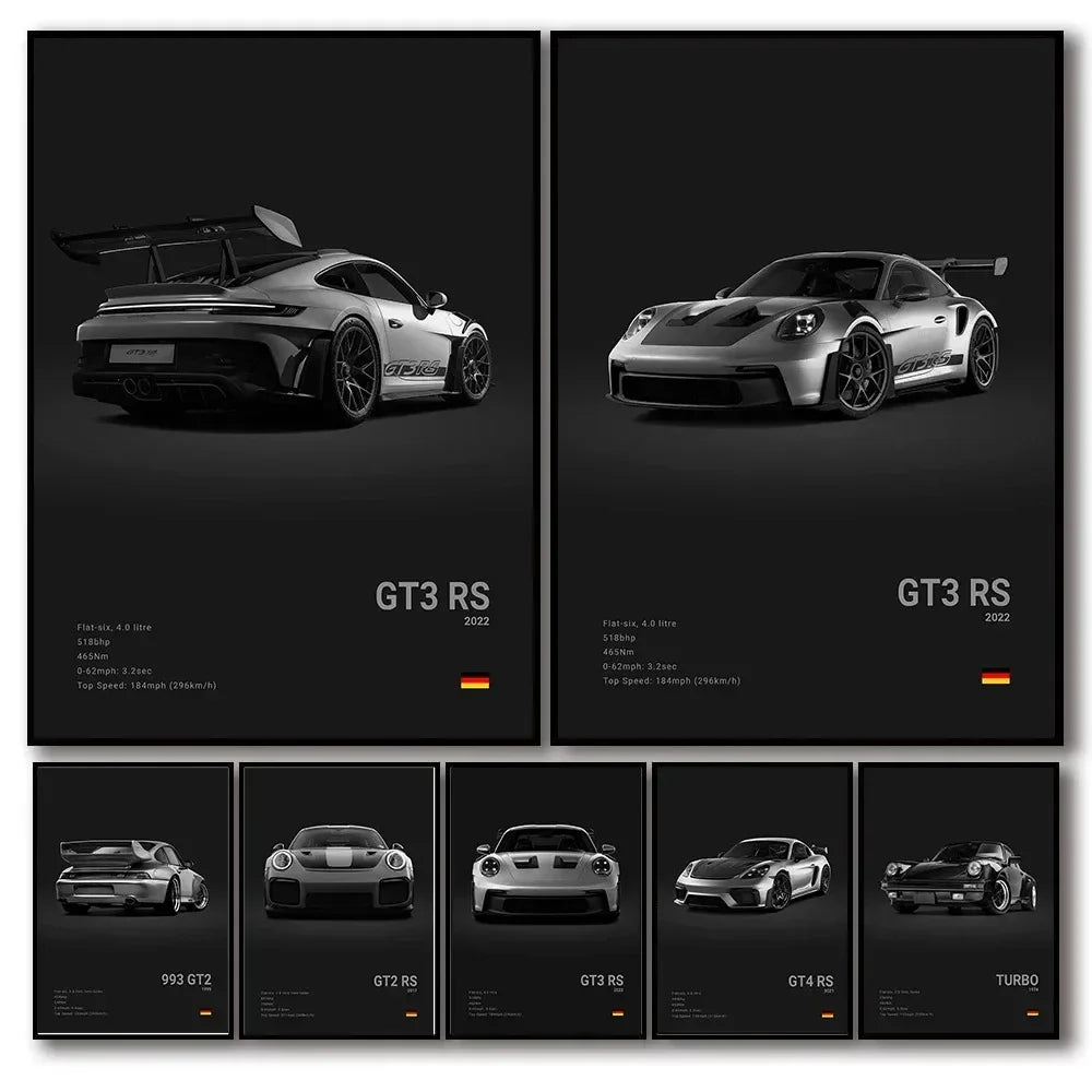 Canvas Print for Wall Art Garage Room Decor Pop Black and White Germany Luxury Super Sport Car Poster Aesthetic 911 GT3 RS Turbo