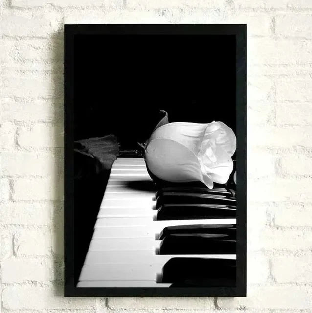 Flowers Music Posters and Prints Canvas Painting Black and White Piano with Wall Art Women Pictures for Living Room Home Decor