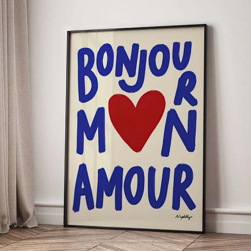 Modern Bonjour Mon Amour Quotes Wine Party Wall Art Prints Canvas Painting Abstract Posters Pictures For Living Room Home Decor