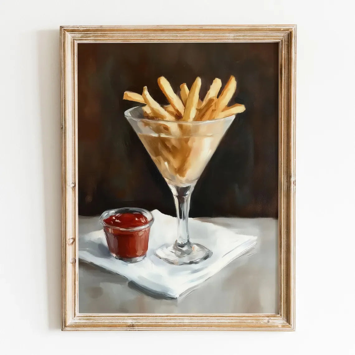 Martini and French Fries Kitchen Art – Whimsical Food and Drink Print – Oil Painting Wall Art – Retro Bar Decor – Framed or Canv