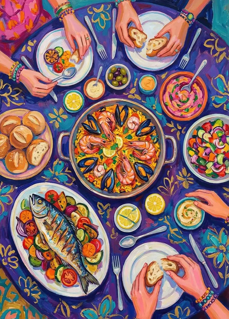 Kitchen Still Life Floral Coffee Pastry  Wine and Seafood Duck Poster Breakfast Table Canvas Painting for Living Room Home Decor