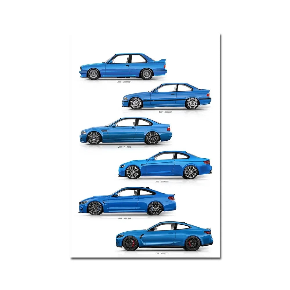 Vintage Car E30 E36 E46 E92 F82 G80 Generation Wall Art Poster Print Canvsa Painting Bedroom Home Decoration Gift for Car Lover