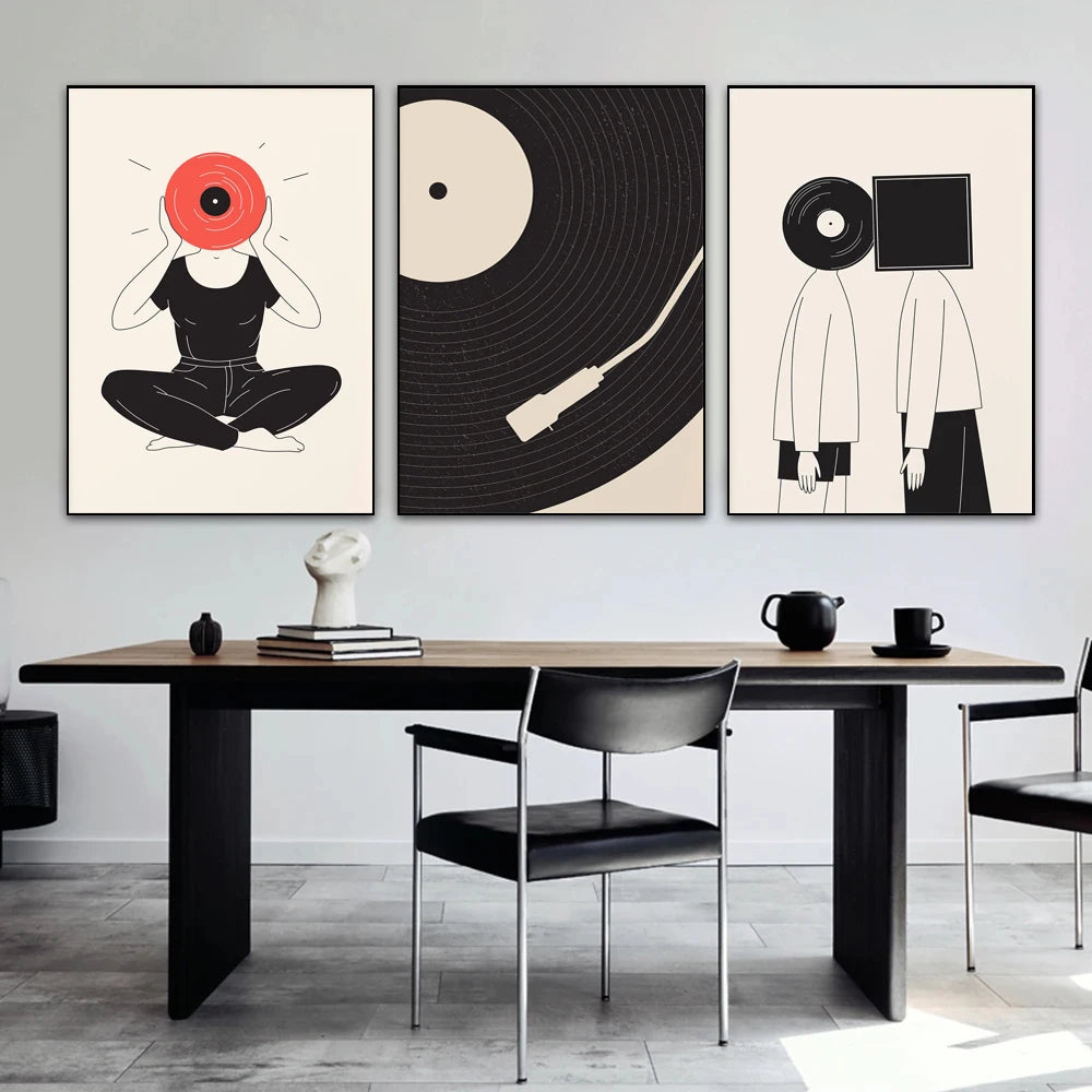 Cartoon Abstract Simple Black and White Music Vinyl Record Poster Canvas Paint Prints Art Pictures Room Home Wall Decor Gift