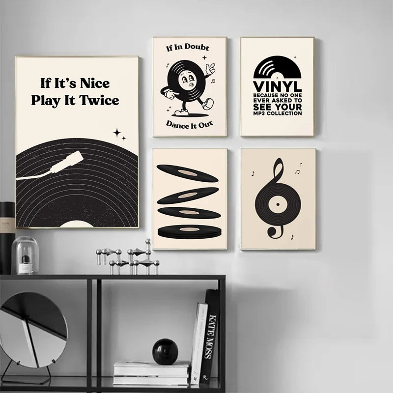 Cartoon Abstract Simple Black and White Music Vinyl Record Poster Canvas Paint Prints Art Pictures Room Home Wall Decor Gift