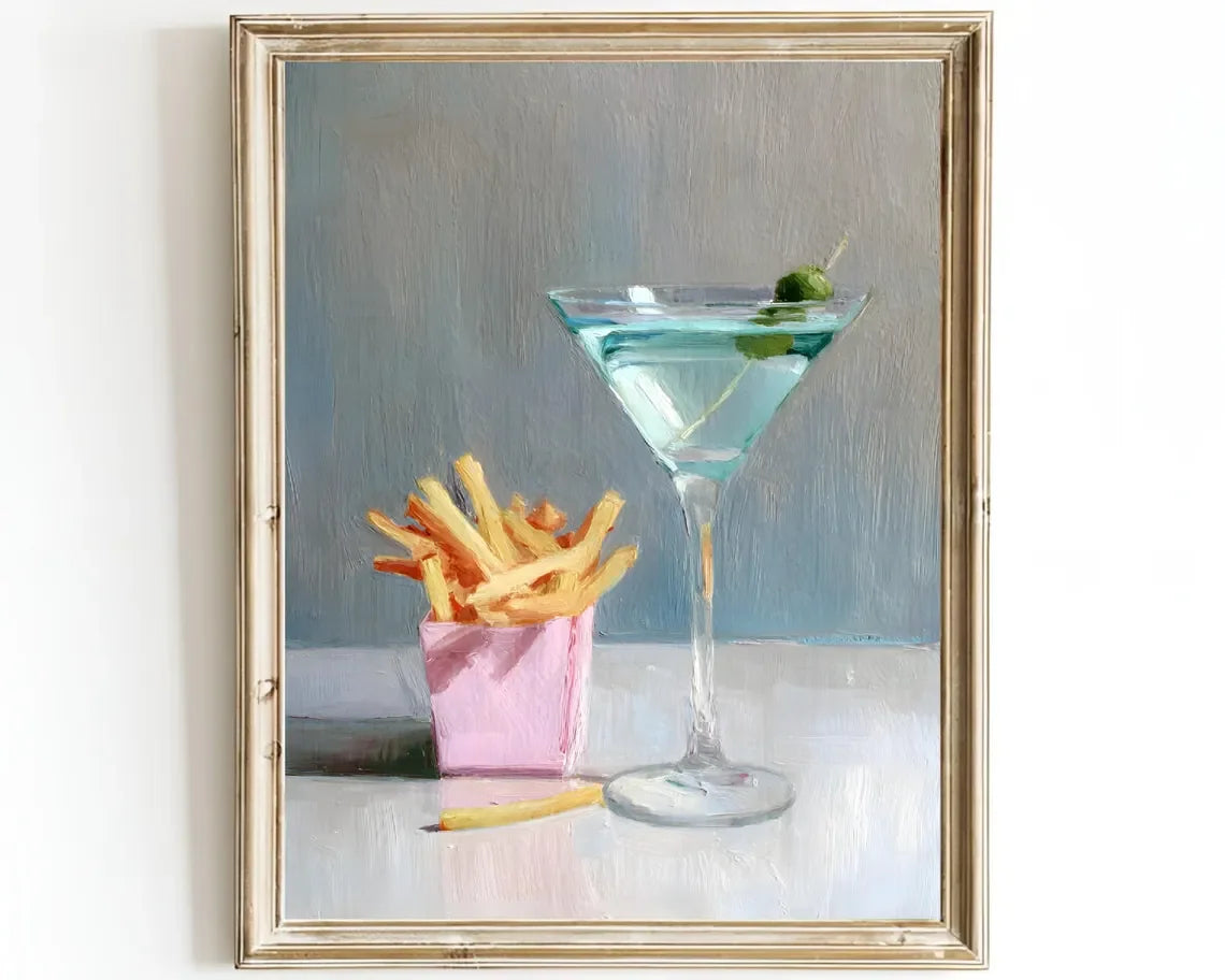 Martini and French Fries Kitchen Art – Whimsical Food and Drink Print – Oil Painting Wall Art – Retro Bar Decor – Framed or Canv