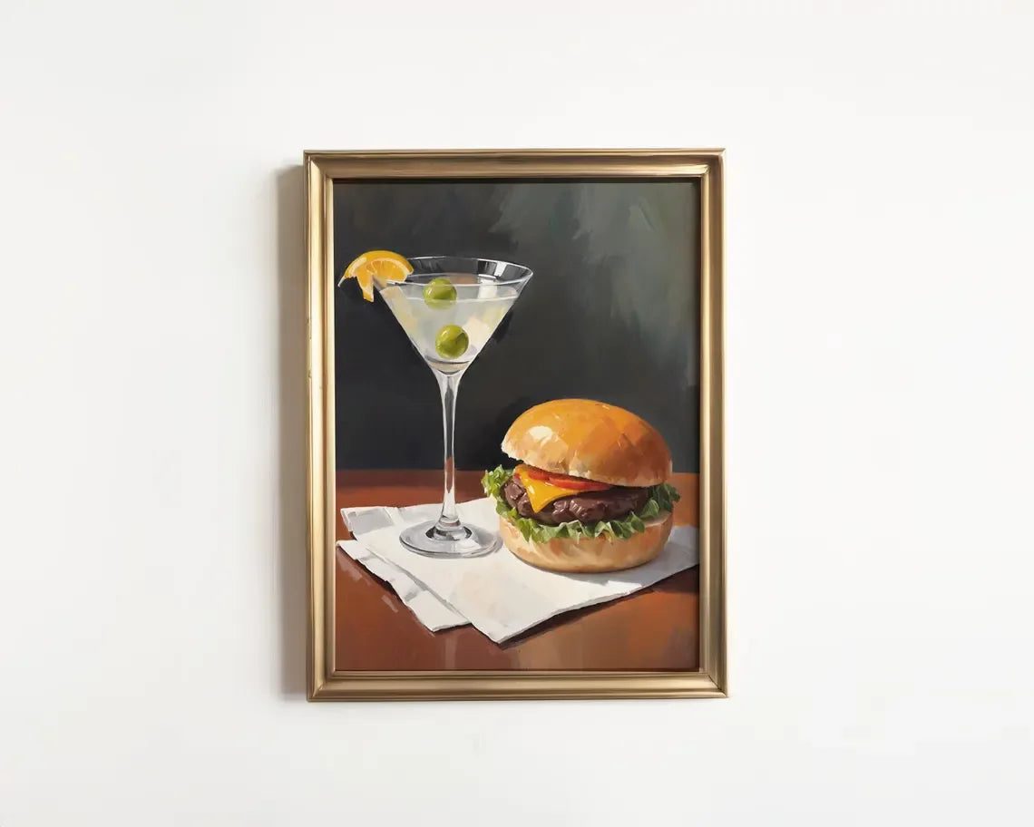Martini and French Fries Kitchen Art – Whimsical Food and Drink Print – Oil Painting Wall Art – Retro Bar Decor – Framed or Canv