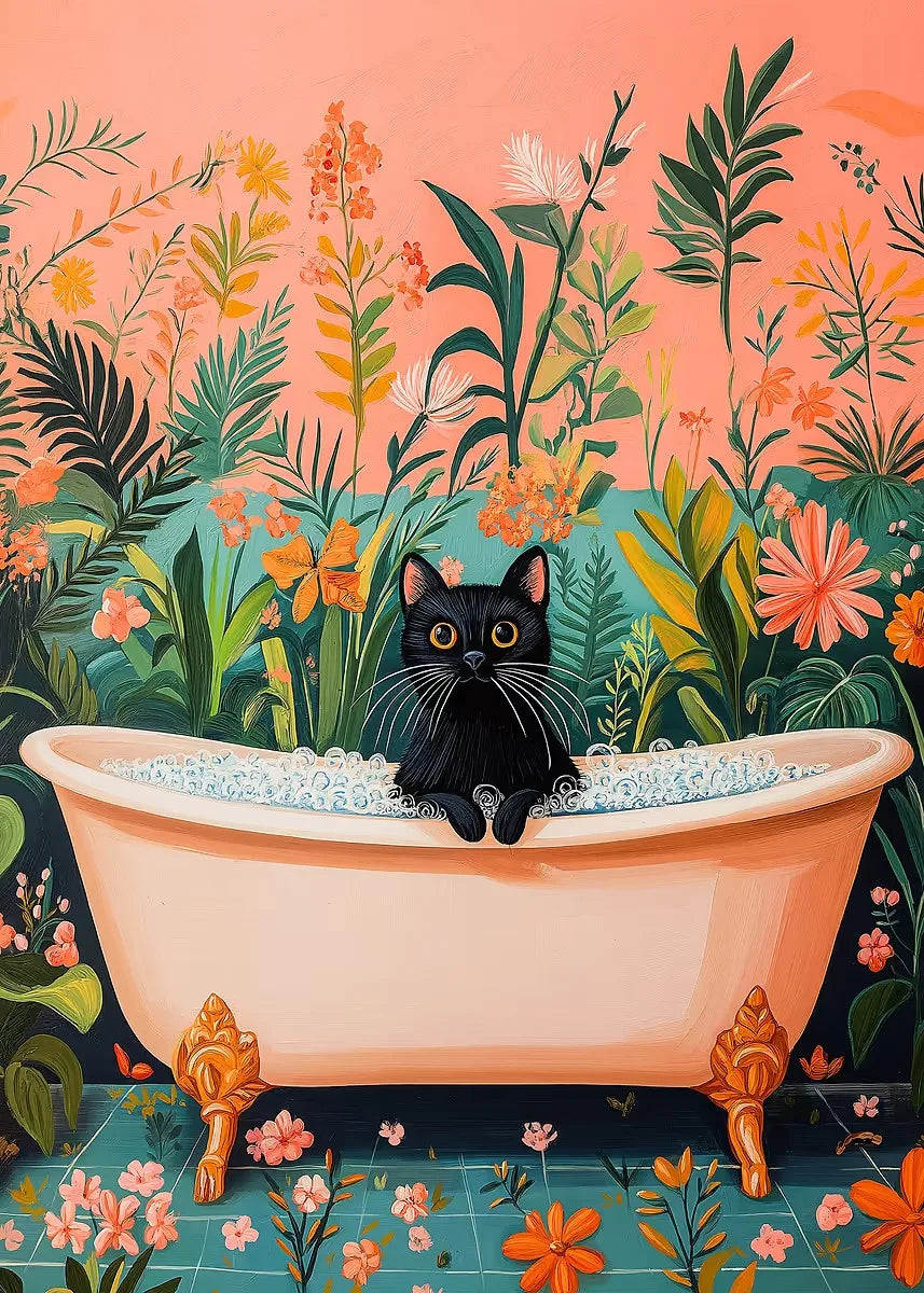 Cat with Martini in Bathtub Black Cat Reading on Toilet Dog Spa Canvas Painting Print Wall Art Picture Bathroom Home Decor