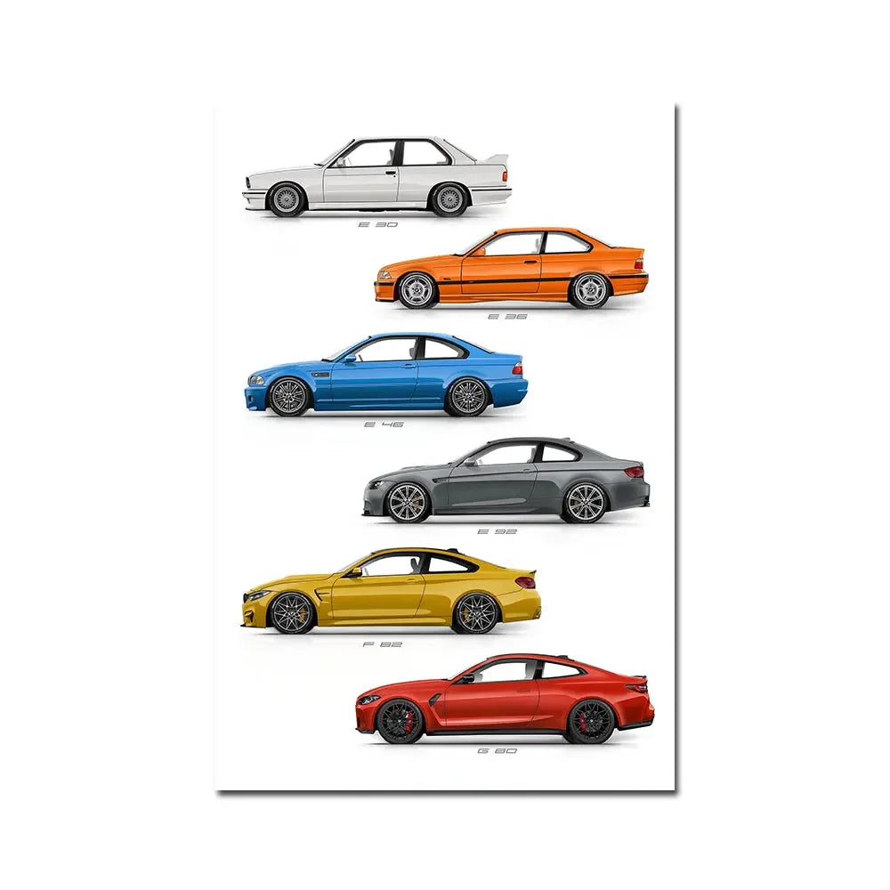 Vintage Car E30 E36 E46 E92 F82 G80 Generation Wall Art Poster Print Canvsa Painting Bedroom Home Decoration Gift for Car Lover