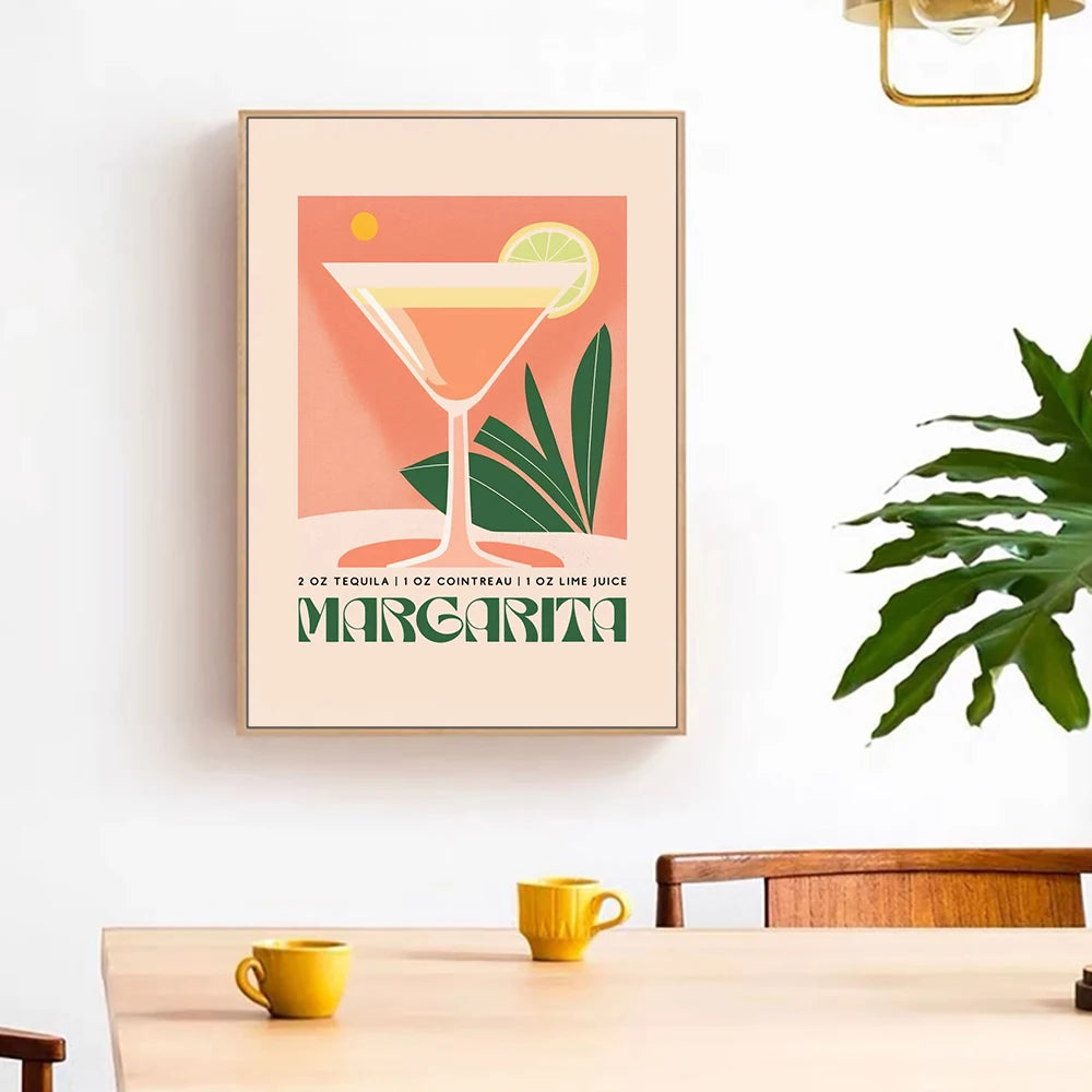 Cartoon Cocktail Drinks Negroni Daiquiri Posters Retro Mojito Canvas Prints Wall Art Painting Pictures Bar Kitchen Home Decor