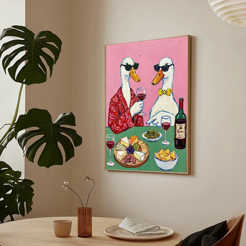 Kitchen Still Life Floral Coffee Pastry  Wine and Seafood Duck Poster Breakfast Table Canvas Painting for Living Room Home Decor