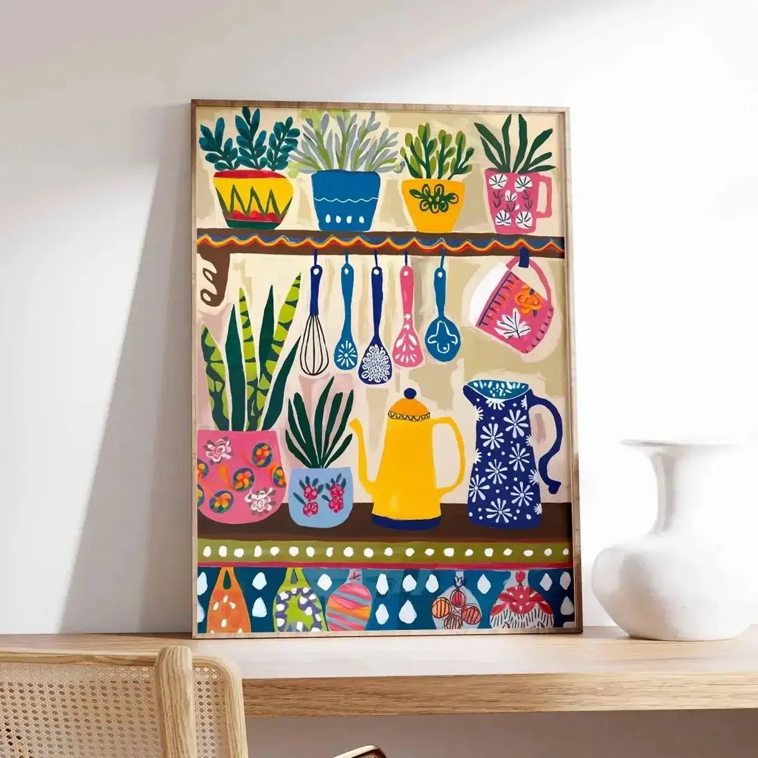 Colorful Kitchen Wall Art, Kitchen Decor, Floral Poster, Boho Scandinavian Decor, Kitchen Poster, Shelf Poster With Utensils and