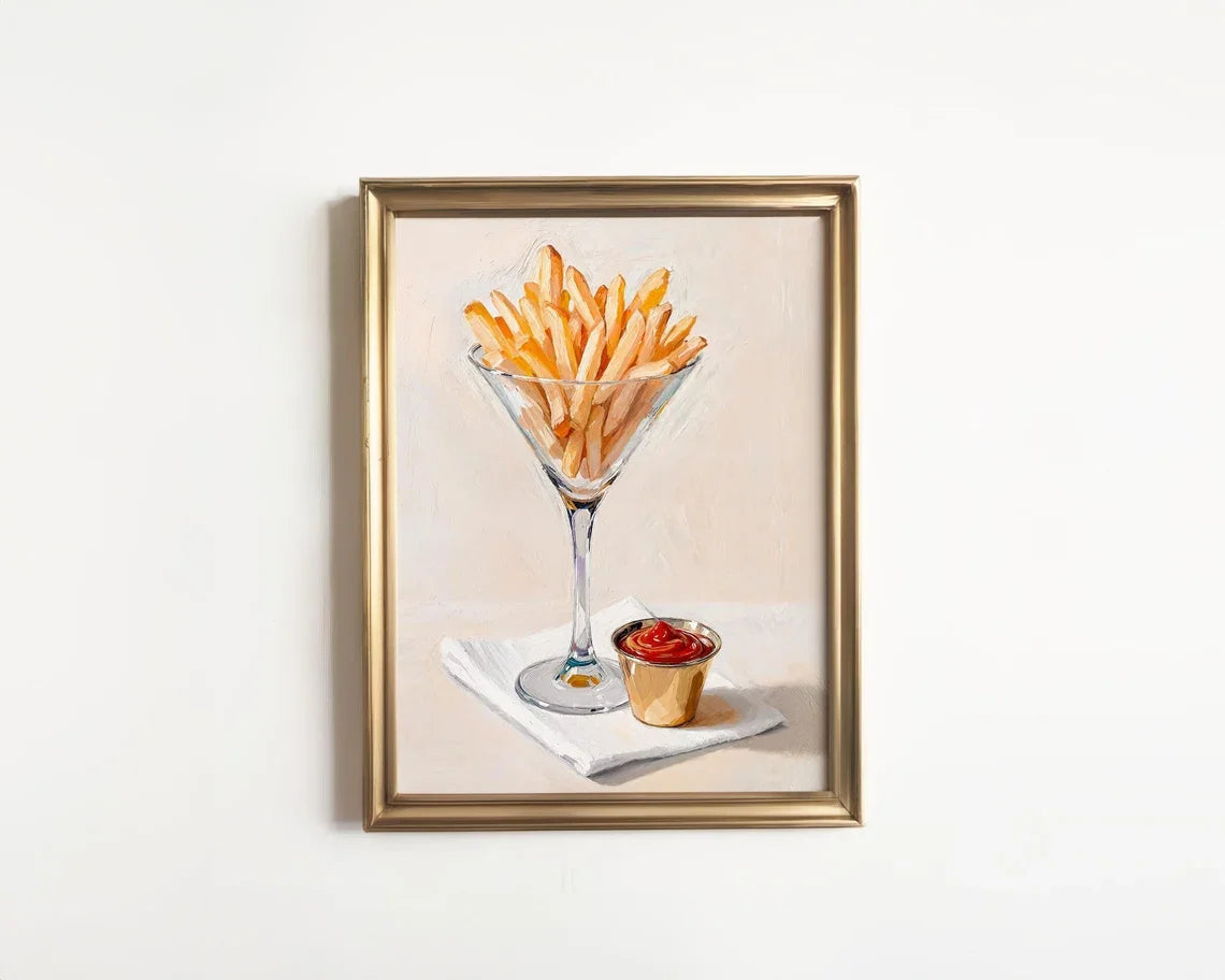 Martini and French Fries Kitchen Art – Whimsical Food and Drink Print – Oil Painting Wall Art – Retro Bar Decor – Framed or Canv