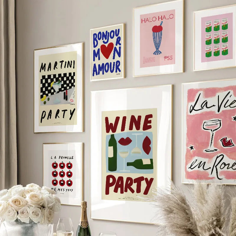 Modern Bonjour Mon Amour Quotes Wine Party Wall Art Prints Canvas Painting Abstract Posters Pictures For Living Room Home Decor