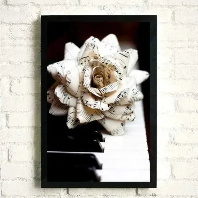 Flowers Music Posters and Prints Canvas Painting Black and White Piano with Wall Art Women Pictures for Living Room Home Decor