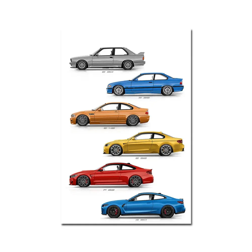 Vintage Car E30 E36 E46 E92 F82 G80 Generation Wall Art Poster Print Canvsa Painting Bedroom Home Decoration Gift for Car Lover