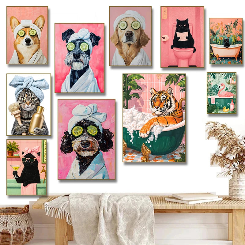 Cat with Martini in Bathtub Black Cat Reading on Toilet Dog Spa Canvas Painting Print Wall Art Picture Bathroom Home Decor