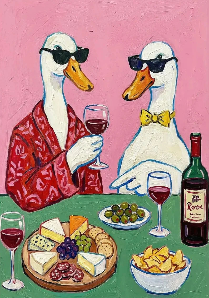 Kitchen Still Life Floral Coffee Pastry  Wine and Seafood Duck Poster Breakfast Table Canvas Painting for Living Room Home Decor