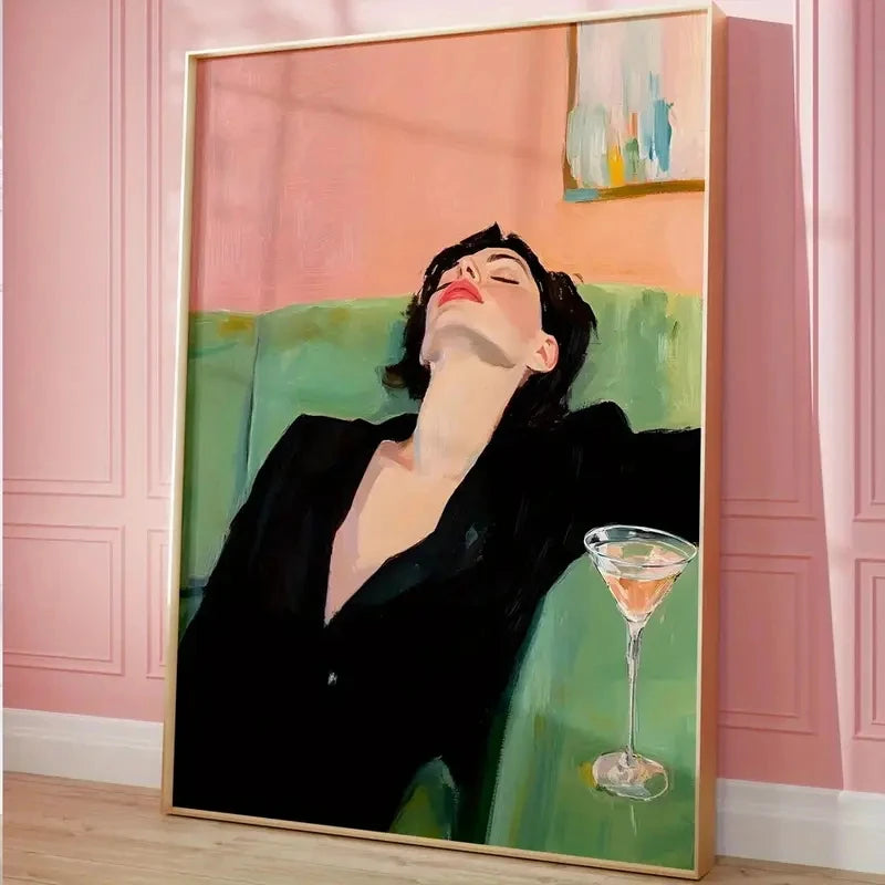 Abstract Martini Drinking Woman Canvas Poster Picture Wall Art Printing Modern Bar Cart Decoration Living Room Home Decoration