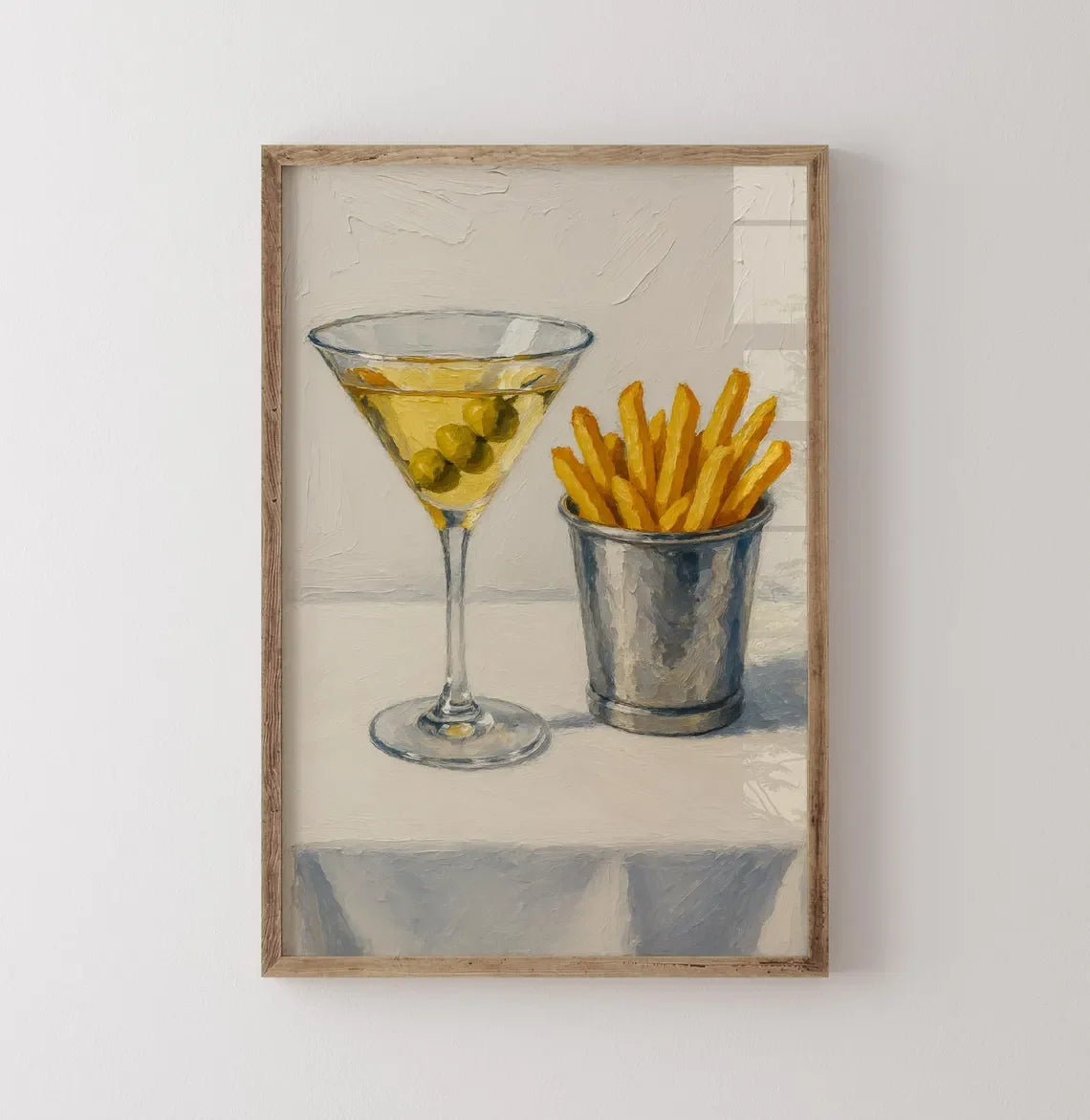 Martini and French Fries Kitchen Art – Whimsical Food and Drink Print – Oil Painting Wall Art – Retro Bar Decor – Framed or Canv