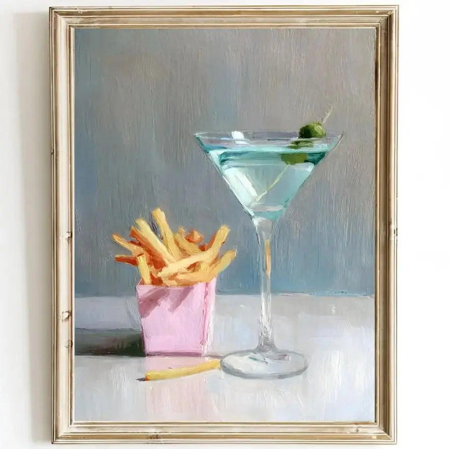 Martini and French Fries Kitchen Art – Whimsical Food and Drink Print – Oil Painting Wall Art – Retro Bar Decor – Framed or Canv