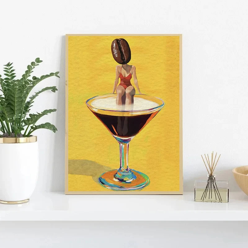 Coffee Martini Cocktail Margarita Drink Girl Jumping Into Wine Glass Fun Poster Canvas Printing Wall Art Bar Club Kitchen Decor