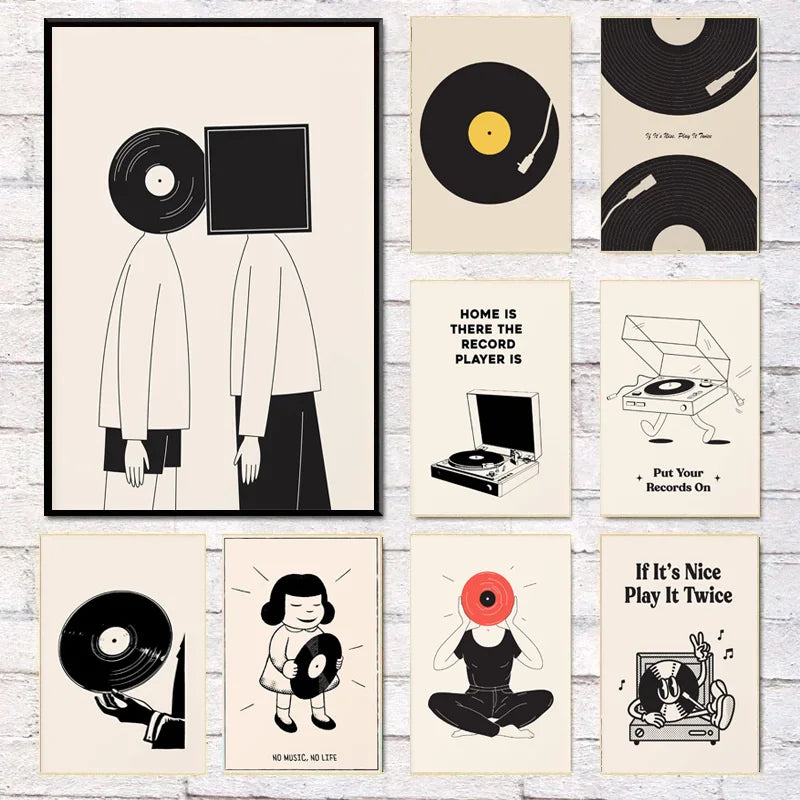Cartoon Abstract Simple Black and White Music Vinyl Record Poster Canvas Paint Prints Art Pictures Room Home Wall Decor Gift