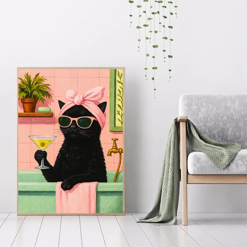 Cat with Martini in Bathtub Black Cat Reading on Toilet Dog Spa Canvas Painting Print Wall Art Picture Bathroom Home Decor