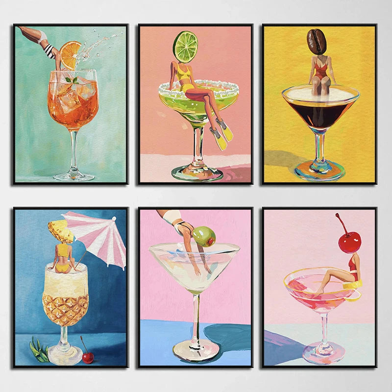 Coffee Martini Cocktail Margarita Drink Girl Jumping Into Wine Glass Fun Poster Canvas Printing Wall Art Bar Club Kitchen Decor