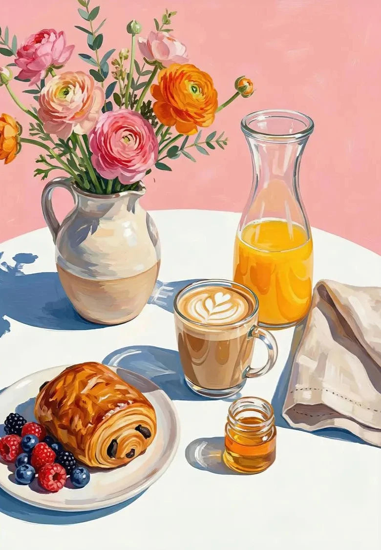 Kitchen Still Life Floral Coffee Pastry  Wine and Seafood Duck Poster Breakfast Table Canvas Painting for Living Room Home Decor