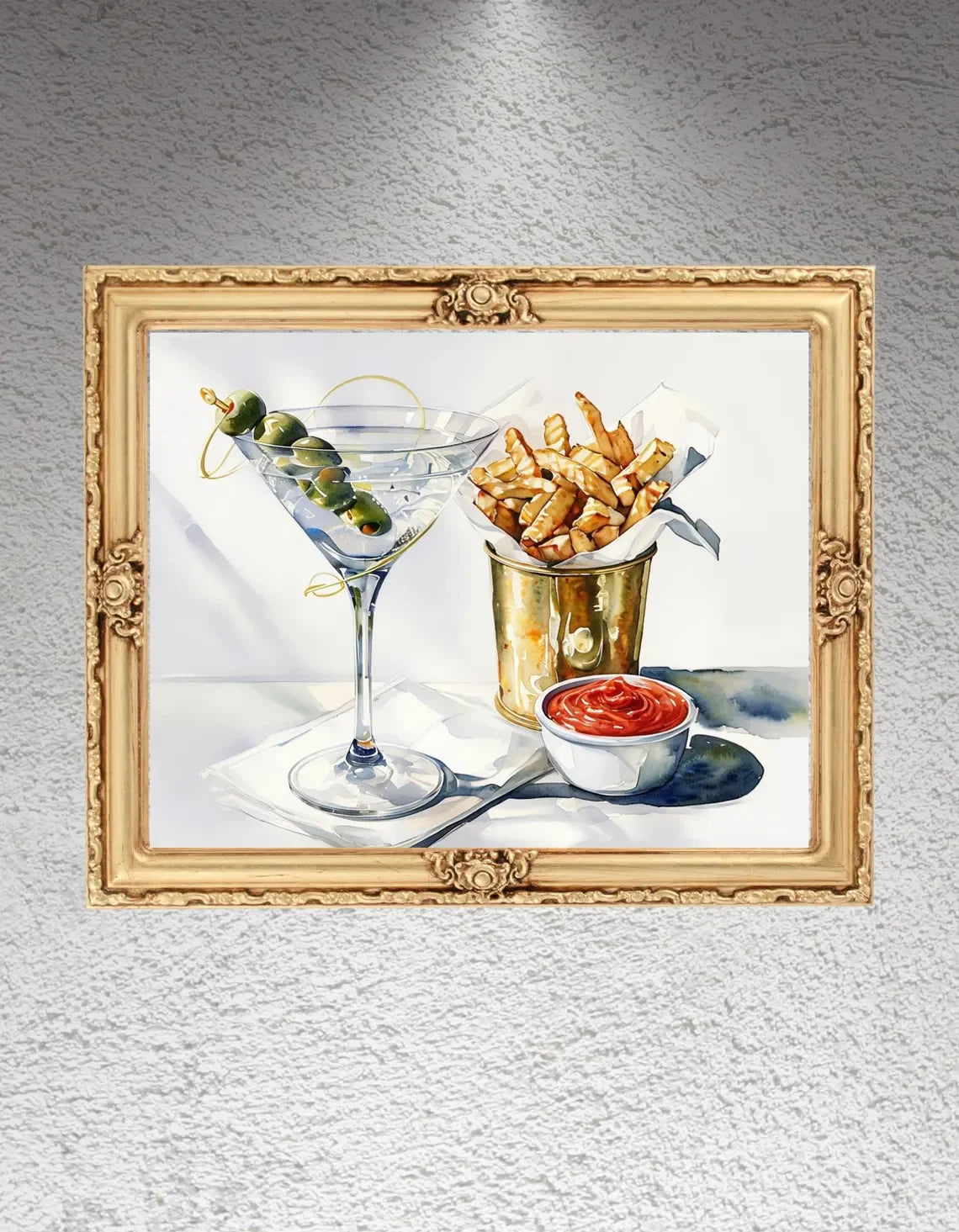 Martini and French Fries Kitchen Art – Whimsical Food and Drink Print – Oil Painting Wall Art – Retro Bar Decor – Framed or Canv