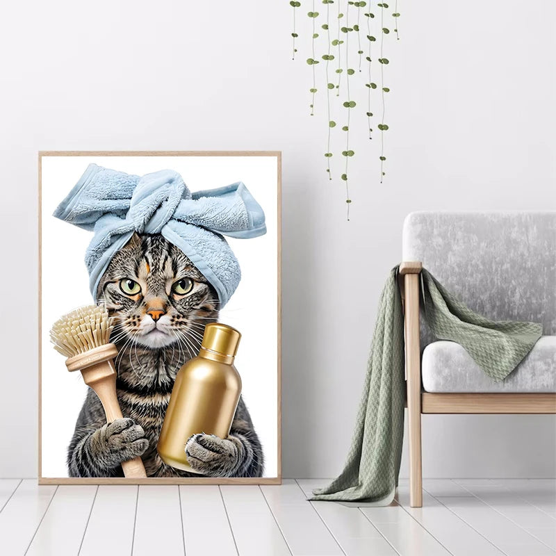 Cat with Martini in Bathtub Black Cat Reading on Toilet Dog Spa Canvas Painting Print Wall Art Picture Bathroom Home Decor