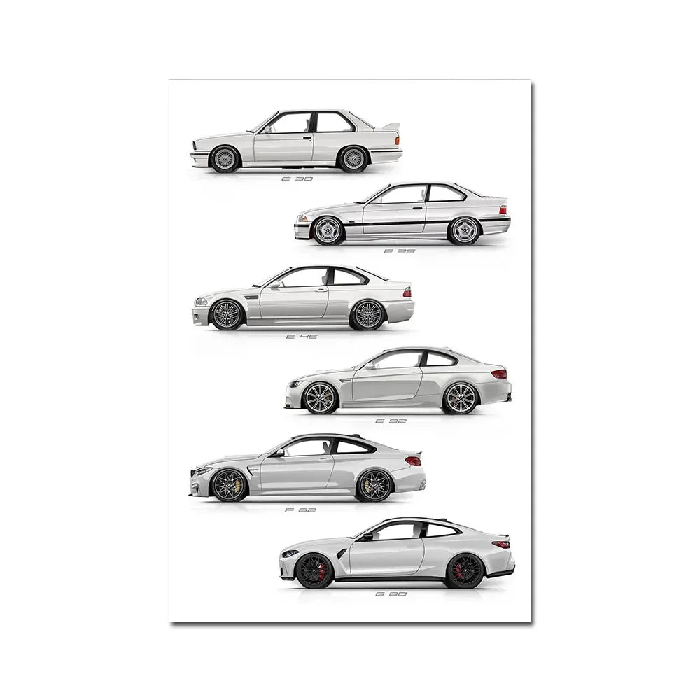 Vintage Car E30 E36 E46 E92 F82 G80 Generation Wall Art Poster Print Canvsa Painting Bedroom Home Decoration Gift for Car Lover