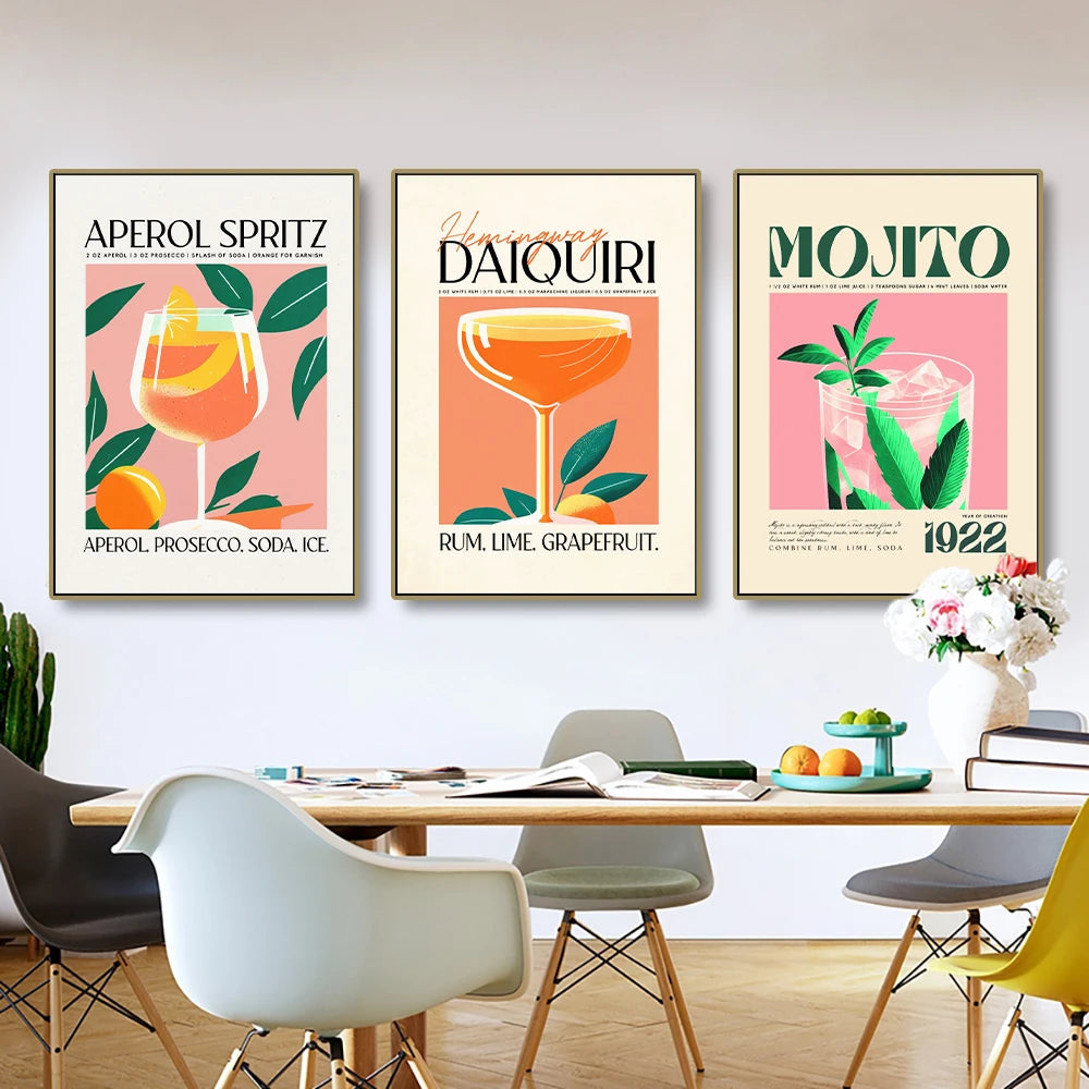 Cartoon Cocktail Drinks Negroni Daiquiri Posters Retro Mojito Canvas Prints Wall Art Painting Pictures Bar Kitchen Home Decor