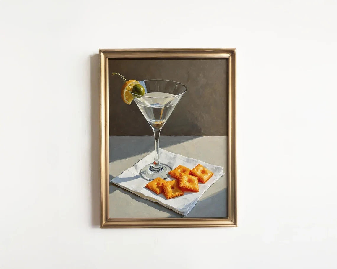 Martini and French Fries Kitchen Art – Whimsical Food and Drink Print – Oil Painting Wall Art – Retro Bar Decor – Framed or Canv
