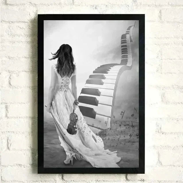 Flowers Music Posters and Prints Canvas Painting Black and White Piano with Wall Art Women Pictures for Living Room Home Decor