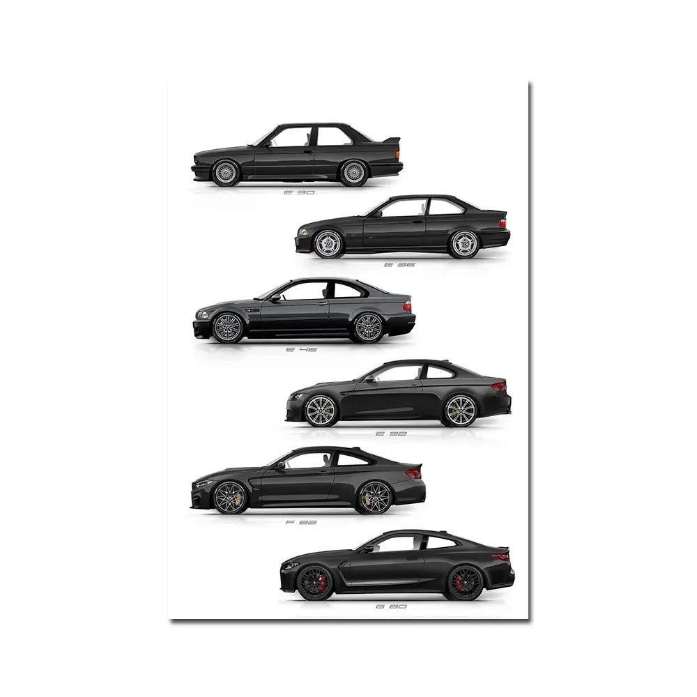 Vintage Car E30 E36 E46 E92 F82 G80 Generation Wall Art Poster Print Canvsa Painting Bedroom Home Decoration Gift for Car Lover